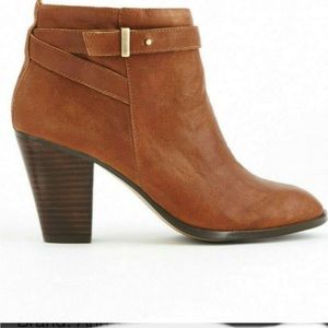 Ann Taylor dark brown caramel "DARLA" LEATHER belted booties. IS Size 7.5